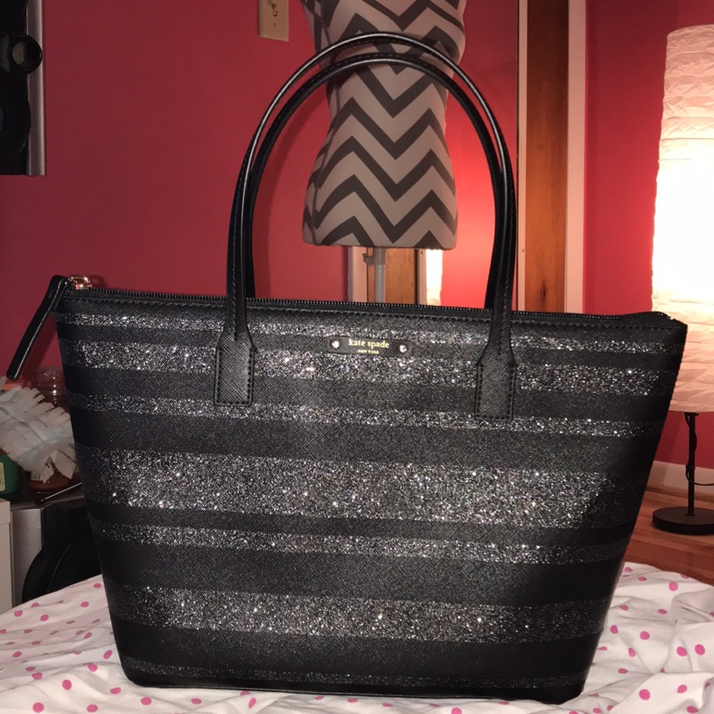 Kate Spade Black and Silver Glitter Tote Bag